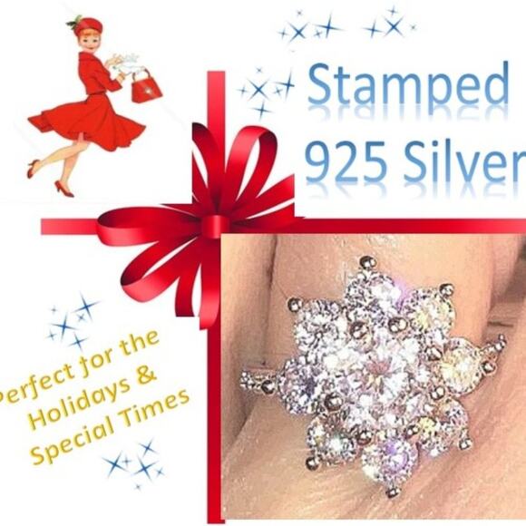 Cocktail Ring Sterling Silver 925 Sz 8 Simulated REALISTIC DIAMONDS Luxe Flower - Picture 7 of 11